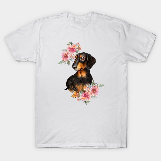 Cute Black Dachshund Puppy Dog Watercolor Art T-Shirt by AdrianaHolmesArt